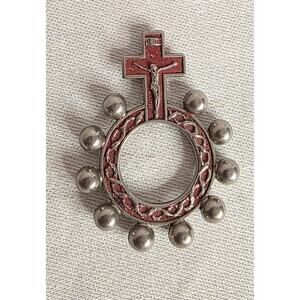 Silver Tone & Red Pocket Finger Rosery Crucifixion Ring Catholic Prayer